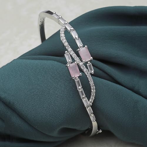 Image of ZENEME Rhodium-Plated American Diamond Studded Flower Patterned Kada Bracelet For Girls and Women