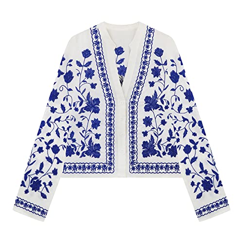 R.Vivimos Women's Summer Fall Cotton Long Sleeves Button Down Floral Embroidery Casual V-Neck Coat Jacket