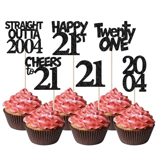 Rsstarxi 24 Pack 21st Birthday Cupcake Topper Straight Outta 2004 Cupcake Picks Twenty one Cheers to 21 Years Old Cupcake Topper for 21st Birthday Decorations Supplies Black