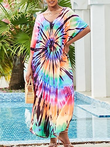 Chunoy Women Loose Lightweight Turkish Summer Boho Caftan Sleeve Rainbow Circle Long Beach Cover Up Kaftan Maxi Dress thumb #2