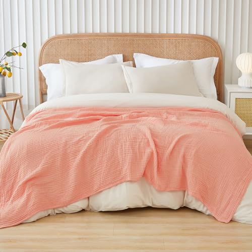 EMME Cotton Throw Blanket for Couch Soft Muslin Blankets 50"x60" Lightweight Breathable Blanket All Season Gauze Blanket, Pink