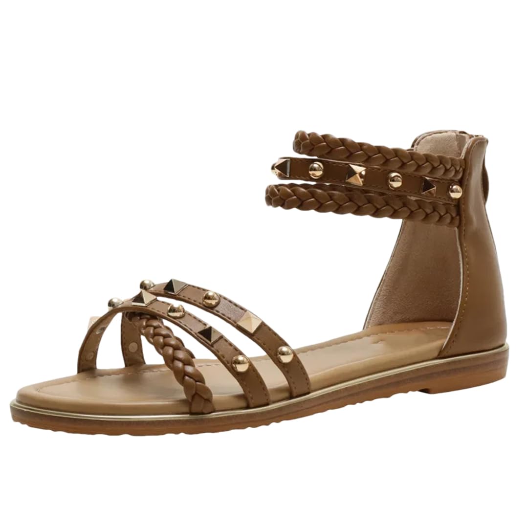 Sandalias étnicas con banda elástica para mujer, con correa de tobillo, tacón plano, con parte lateral abierta, estilo étnico, con remache superior, tejidas, retro, romanas, informales, de verano