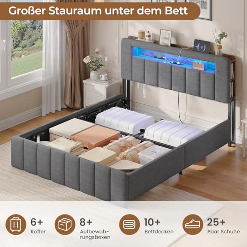 AOGLLATI Polsterbett 140x200 mit Stauraum,Hydraulisches Bett mit LED-Bleuchtung und Ladestation Jugendbett Doppelbett Bettgestell mit Kopfteil aus Samt-Ohne Matratze (Grau Leinen, 140x200cm)