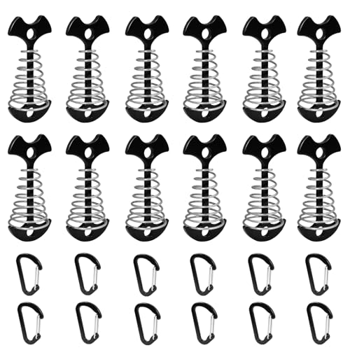 12 Pack Deck Anchors Pegs with Carabiners Aluminum Deck Anchors Between Boards Removable Deck Anchors Fishbone Stake Tent Stakes for Outdoor Use Tents Canopies and Deck Furniture