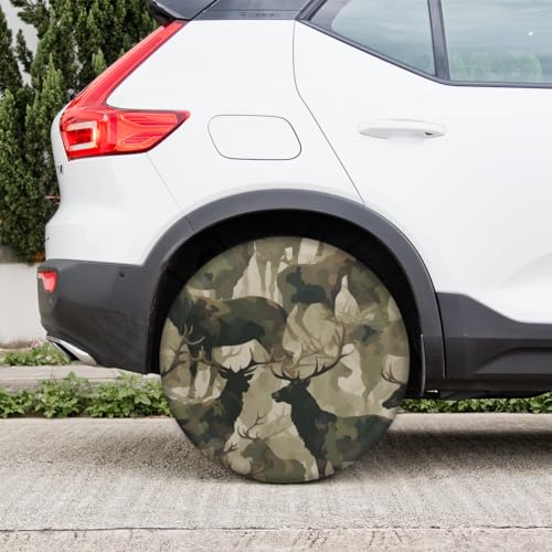 Image of Camouflage Military Tire Covers Protectors Weatherproof Dust-Proof Deer Animal Spare Wheel Cover Fit for Jeep Wrangler RV, SUV, Truck Travel Camper Trailer Vehicle 16 inch