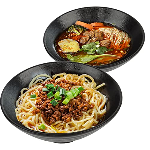 FINLALO Set di 2 ciotole da zuppa in ceramica nera, da 900 ml, grandi ciotole per tagliatelle di ramen, in porcellana vintage, set di ciotole da miscelazione, insalatiere per cucina domestica e sala