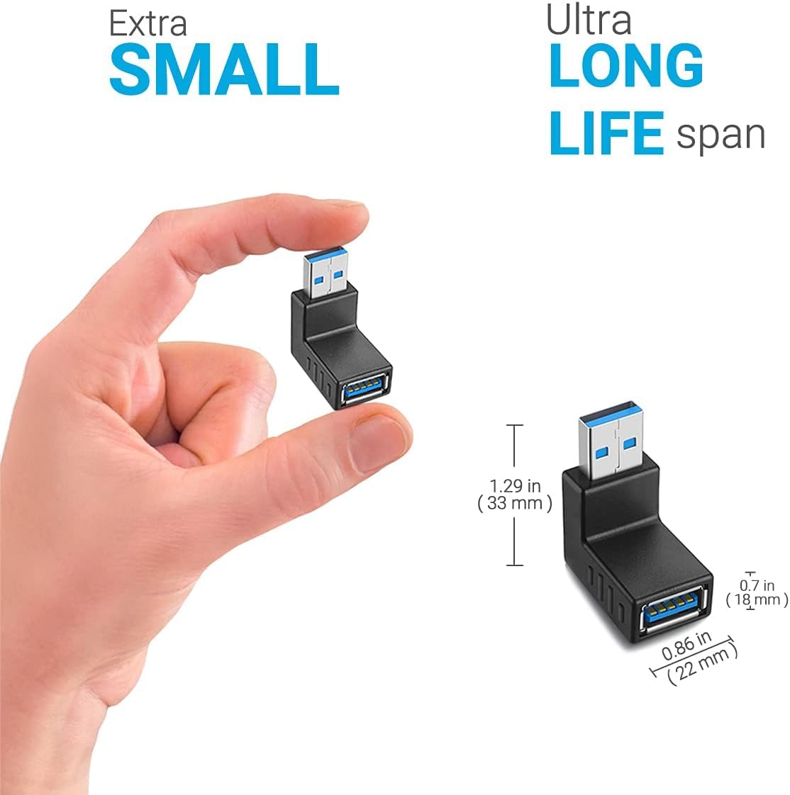 Set 3 Adattatori USB 3.0 Maschio-Femmina A 90 Gradi – Angolo Retto Verticale Su/Giù In Alluminio, Per Cavi Piatti E Collegamenti Salvaspazio - 2