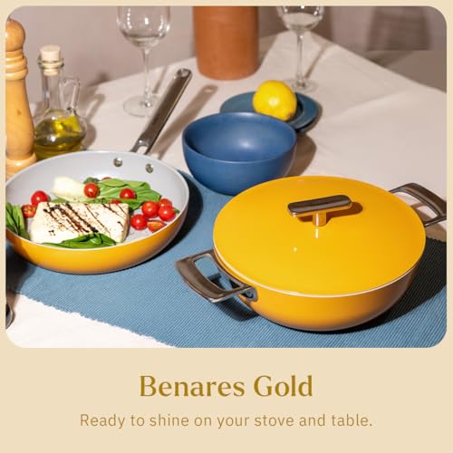Image of Ember Cookware Arcilla Ceramic Non Stick Cookware Set of 2 | Induction Cookware | Frying Pan 24 cm & Kadai 2.6 Litre | Metallic Lid | 75% Less Oil | Gift Set|Steel Handle| 5-Year Warranty|Benares Gold