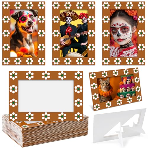 gisgfim Dia De Los Muertos Decoration Mexican Terracotta Flowers Paper Picture Frames Day of the Dead Decor Platos De Barro Mexicanos Photo Frames with Stand for Altar Ofrenda Remembrance Decor 50Pcs