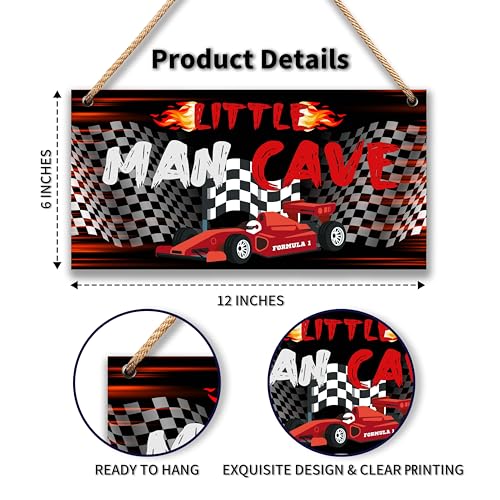 Image of Little Man Cave Sign for Boys Car Room Wall Decor | Wooden Door Sign Decorations for Men Teenager Bedroom Nursery Playroom - 6 inchx12 inch -A04