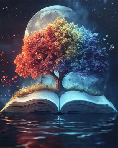 AYAOYANGGO 11CT Kit Ricamo Principianti Alberi Colorati Che Crescono Sui Libri Set Ricamo Fai Da Te Dipinto Contato Stampato Tamped Arte Murale Decorazione Casa 30x40cm