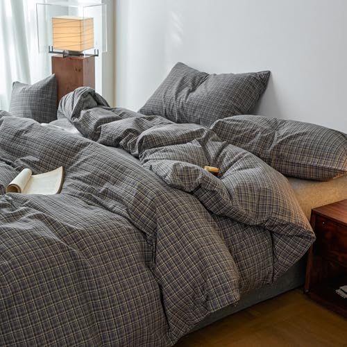 Image of EAVD Vintage Style Grey Plaid Gingham Duvet Cover King 100% Washed Cotton Like Linen Feel Soft Grid Plaid Bedding Set with 2 Pillowcases Farmhouse Grid Geometric Pattern Duvet Cover with Zipper