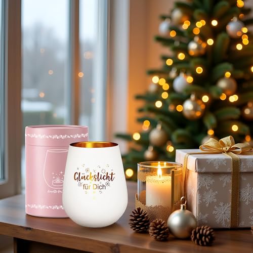 Windlicht Glas mit Geschenkbox für Frauen Geschenk, Teelichthalter mit Gravur Spruch Glückslicht für Beste Freundin Geburtstag, Dankeschön Geschenke für Freundinnen Fraud Kollegin Weihnachten