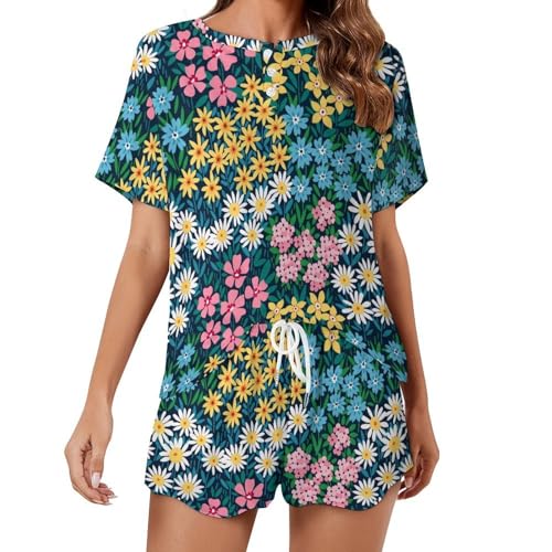 Pyjama femme fleurs colorées anti-transpiration avec manches courtes pour l'été