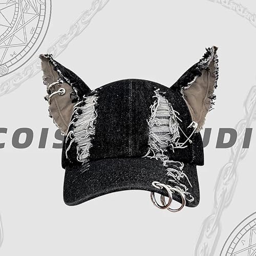 Image of CORIRESHA Cute Bunny Hat with Ears Y2k Grunge Metal Iron Ring Chain Distressed Denim Baseball Cap