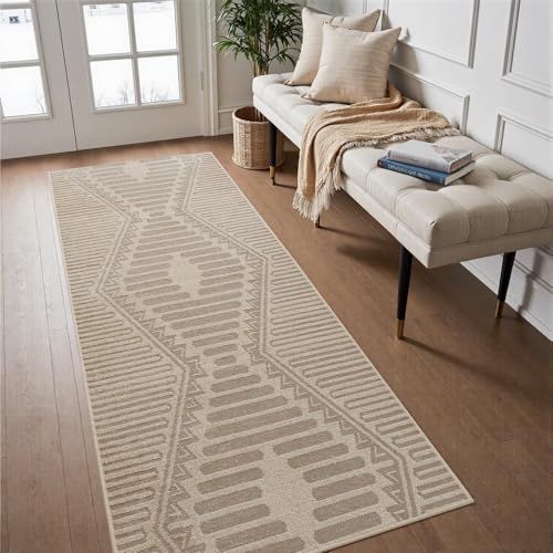 Textured Tufted Boho 2x6 ft Runner Rugs for Hallway Non Slip Hallway Runner Kitchen Bedroom Long Entryway Laundry Room Rug Washable-Beige Brown Brown Beige 2' x 6' (Runner)