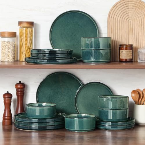 Image of vancasso Plates and Bowls Sets for 6, 18 Pieces Green Dinnerware Sets for Kitchen, Modern Stoneware Dishes Set, Dishwasher and Microwave Safe, Series Starry