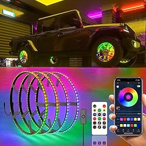 SUNPIE Wheel Lights RGB for Trucks Universal Tire Lights Assemblies Fit for All Truck/SUV/Cars have 19’’ and 20’’ Tire Rim, Wheel Well Ring Lights w/Sequential LED Multi-Color and 4PCS Extension Wires