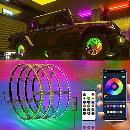 SUNPIE Wheel Lights RGB for Trucks Universal Tire Lights Assemblies Fit for All Truck/SUV/Cars have 19’’ and 20’’ Tire Rim, Wheel Well Ring Lights w/Sequential LED Multi-Color and 4PCS Extension Wires