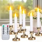 Flameless Taper Candles with Remote Timer, 6 Pcs Battery Operated Candle Real Wax Window Candles Ivory Flickering, LED Birthday with Gold Holders for Valentine's Day Home Wedding Decor