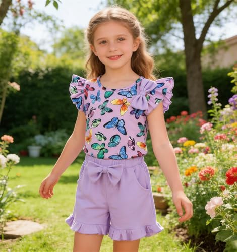 Image of Barlver Girls 2 Piece Short Set Baby Girl Summer Clothes Ruffle Sleeve T-Shirt and Bow Knot Shorts Toddler Girl Outfit Set