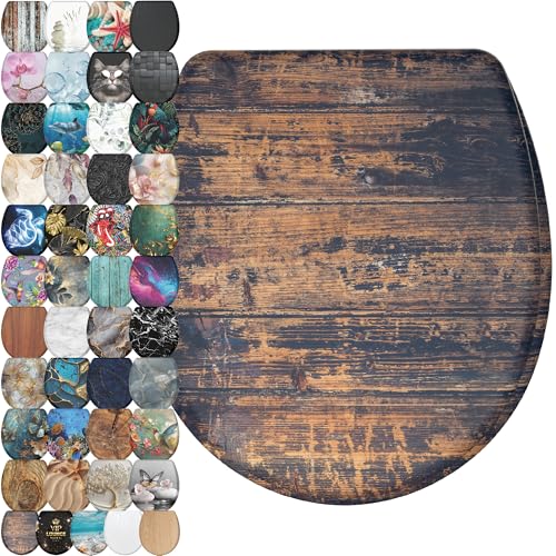 Image of Sanilo Wooden Toilet Seat with Quick Release & Soft Close [ROUND] - Decorative & Slow Close Molded Wood Seat - With One Click for Easy Installation & Cleaning - With Adjustable Fit (Vintage)