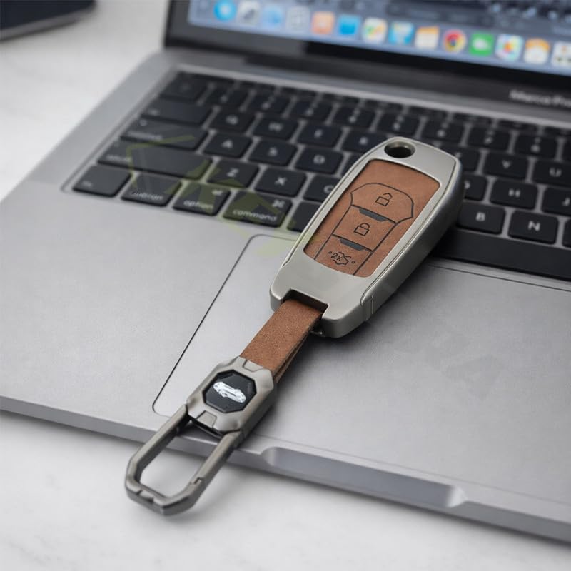 Image of Metal Leather Brown Key Cover Compatible for Ford - Figo, Aspire, Endeavour (3 Button Flip Key)