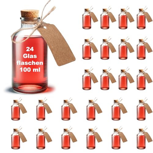 casavetro 24 botellas de cristal pequeñas de 100 ml de 10 cm de alto para decoración de mesa, para bodas, regalos de invitados (incluye todos)