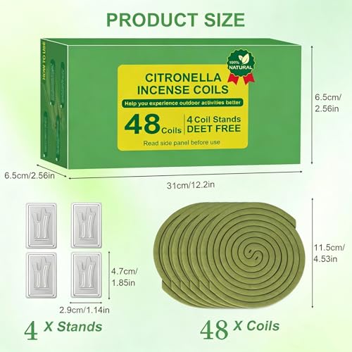 Citronella Räucherspirale, 432 Stunden Citronella Spirale, 48 Spulen CitronellaCoils mit 4 Haltern, Räucherspiralen mit Citronellaöl, Zitronengras Coils für Innen & Draußen, Garten, Terrasse, Camping