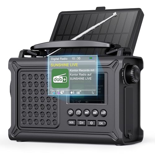 ROCAM Radio Solar de Emergencia DAB+/FM con Bluetooth, 12000mAh Radio Portátil Digital con Panel Solar 8500mm² y Manivela 650mA, Pantalla Color 2,4',80 Emisoras, Linterna LED,SOS,USB,IPX6 para Camping