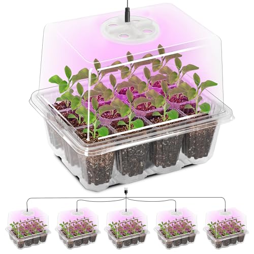 Bonviee 5 Packs Seed Starter Tray with Grow Light, Elevated Seedling Starter Trays Kits with Adjustable Humidity Domes and Clear Cell Tray, 12 Full Spectrum led lamp Beads for Plants Indoor-Clear