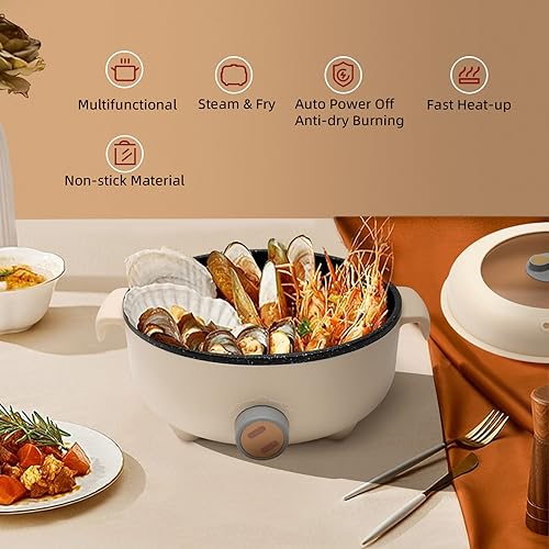 Elektrischer Hot Pot & Dampfgarer, 1,5 L Mini Antihaft-Bratpfanne Tragbare Multikocher Überhitzungsschutz mit Deckel, Kochtopf Elektropfanne für Wohnheim Camping Haus (Khaki) – Bild 3