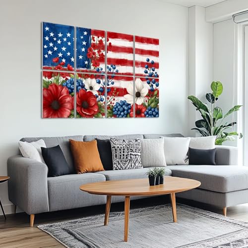 8 Pack Paneles Acústicos de Arte Absorbentes de Sonido con Bandera Patriótica Americana Rojo Azul Flores Paneles Decorativos para Pared Auto-adhesivos para Estudios de Grabación Oficina 48"x32" miniatura 6