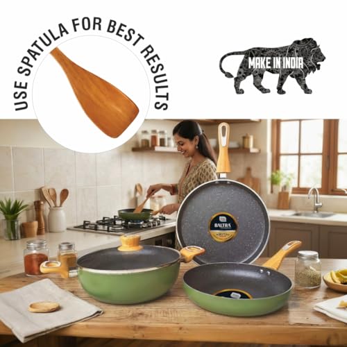 Image of BALTRA Duron Greblon Non-Stick 4 Pc Cookware Set with Glass Lid | 5 Layer Coating | Gas & Induction Compatible | Dosa Tawa 24cm | Fry Pan 24cm | Kadai 24cm | ISI Certified | 1 Yr Warranty