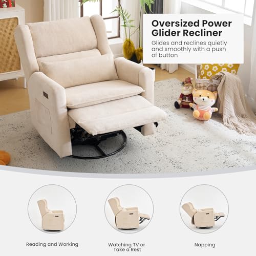 Image of Oversized Swivel Rocker Recliner with Adjustable Headrest, 26 inch Extra Wide Glider Recliner Nursery Chair with Double Cushion, Chenille Glider Rocking Chair for Living Room,Cup Holder,Beige