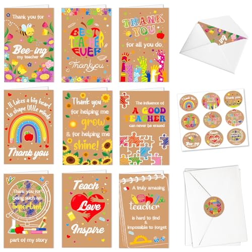 DPKOW Thank You Teacher Cards Multipack Best Teacher Cards Thank You Teacher Greeting Cards for Thank You Teacher Gifts - 9 Thank You Cards for Teachers with Envelopes + 9 Thank You Teacher Stickers