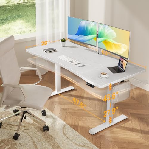 Image of Veken 63 x 28 Inch Electric Standing Desk, Sit to Stand Up, Work Home Office Computer Table for Study, Walking Pad, Writing, and Games, Wooden Desktop Desks, White