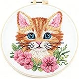 DIY Punch Needle Kits Cute Orange Cat and Flowers Easy for Beginners Starter Set with Hoop Needlepoint Embroidery Craft Hobby and Home Decor 20x20cm