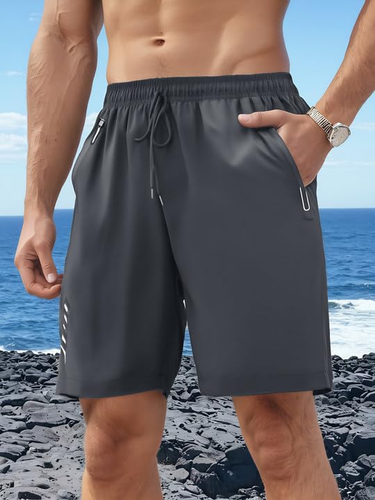 Mens Summer Athletic Shorts Elastic Waist Functional Zippered Pockets for Gym Outdoor