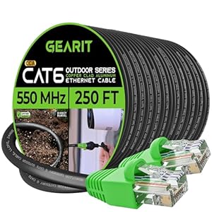 GearIT RJ45 Cat-6 Ethernet Patch Cable, 10Gpbs Transfer Speed, Gold-Plated Connectors, Copper Clad, Outdoor, UV Resistant, Direct Burial, Waterproof, Durable, 250 Foot (76.2 Meters), Black