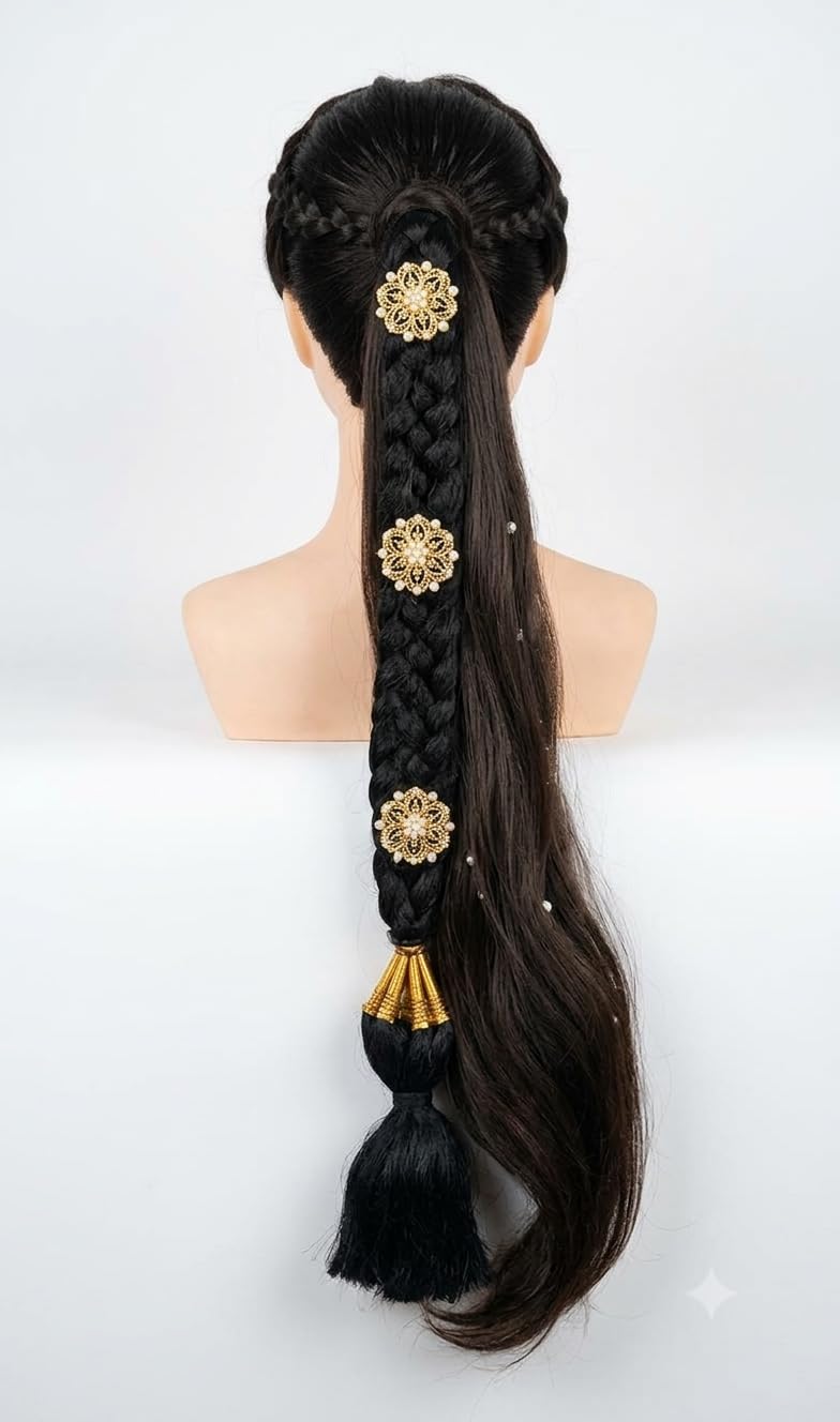 Devi Amman Jadai Plait Billa 1 Piece Bharatanatyam Assembled Hair Thilagam Jada set Hair Kunjalam Traditional Classical Bharatanatyam Savaram (3 Billa, 18 x 1.5 inches).-image-42
