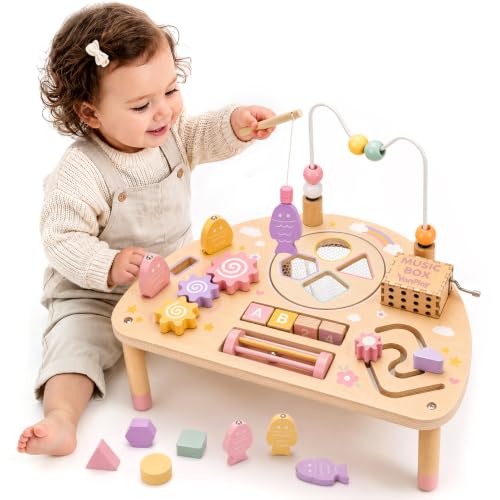 Image of Vanplay Montessori Toys for 1 2 Year Old Girl Gift - 1st Christmas Birthday | 8 in 1 Learning Activities with Music Box / Fishing Game, Busy Board Toys for Toddler 1-3, One Year Old Girl Birthday Gift