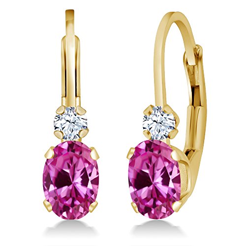 Gem Stone King 14K Yellow Gold Pink Created Sapphire and White Created Sapphire Leverback Earrings For Women | 1.08 Cttw | Gemstone September Birthstone | Oval 6X4MM, Round 2MM | 3/4 Inch