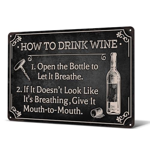 Heuhuww Funny Wine Bar Metal Sign-How To Drink Wine Wall Decor for Farmhouse Bar Station Wine Themed Gifts...