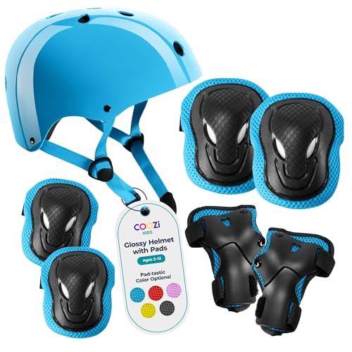 COOZi Glossy Helmet and Pad Set for Kids - Adjustable Protective Gear with Knee Elbow & Wrist Pads Safety Set Cycling Skateboarding and Scooting for Boys & Girls Ages 3-12