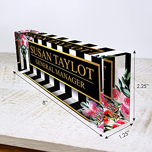Artblox Office Desk Name Plate Personalized | Custom Name Plates For Desks | Black Stripes & Roses Design On Clear Acrylic Glass | Cute Office Desk Accessories Customized Gifts - (8" X 2.5") #TOP1