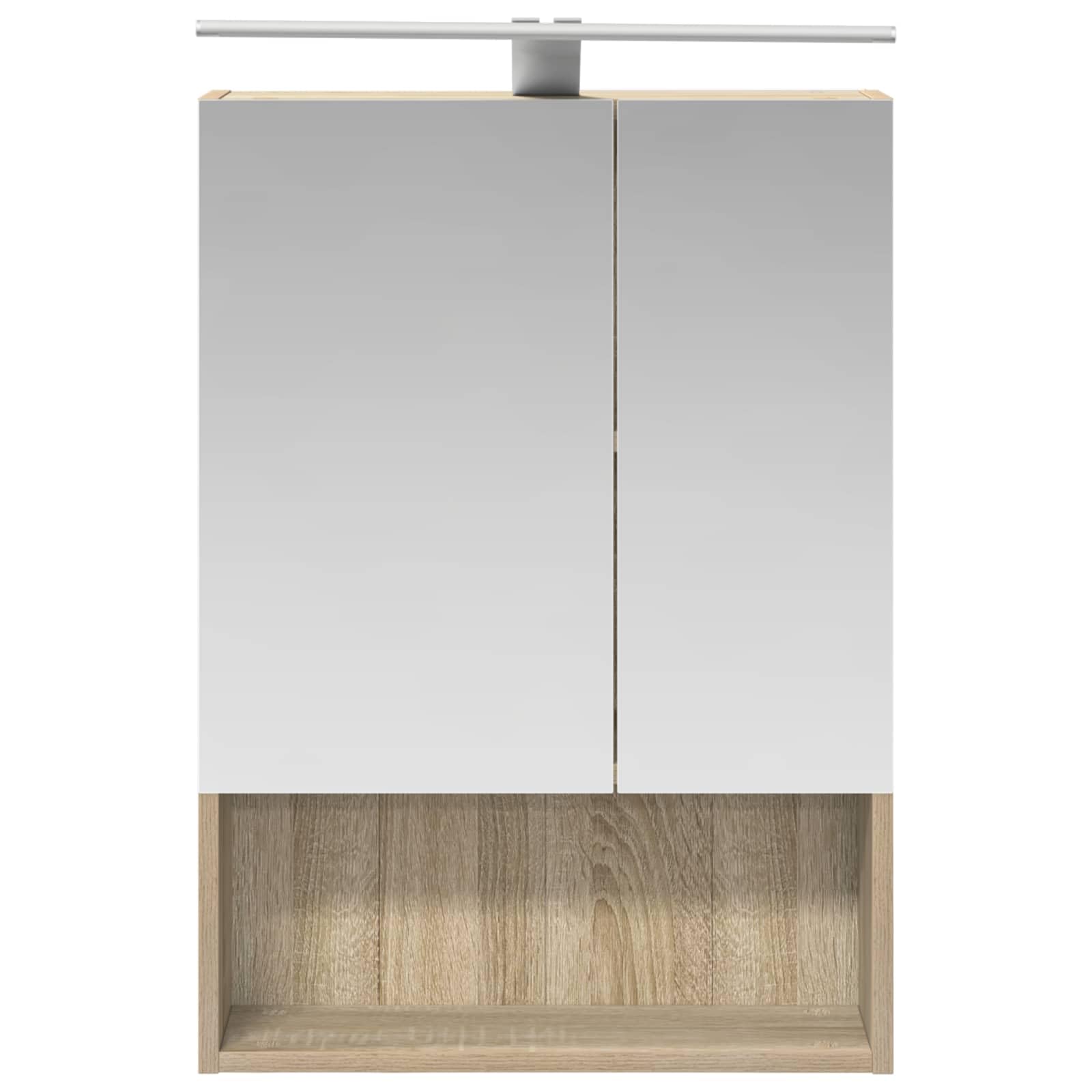 Szafka łazienkowa z lustrem Sonoma z drzwiami, 50 x 14,5 x 70 cm, materiał drewnopochodny, montowana na ścianie, z paskami LED, dwa regały, miejsce do przechowywania i dwukierunkowe lustro do