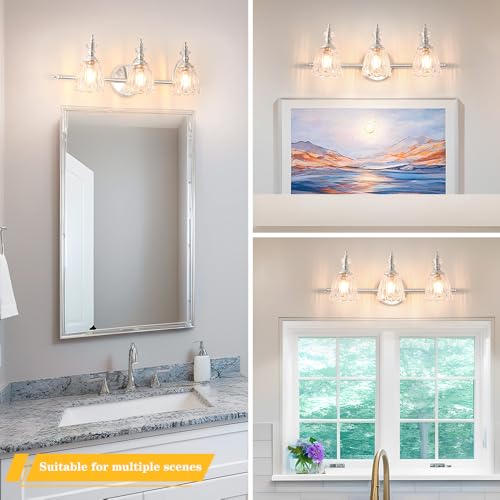 Image of Brushed Nickel Vanity Light, Antique Bathroom Vanity Light Over Mirror, 3 Light Lighting Fixture with Flower Glass Shade, Farmhouse Sconces Wall Lighting for Hallway Living Room Bedroom