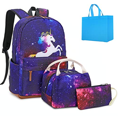 Sac à Dos Licorne Enfant Cartable Fille Primaire Imperméable Sac pour l'école Loisir Voyage 3 en 1 Sac à Dos Scolaire + Sac à Lunch + Sac à Crayons (Pourpre-3)