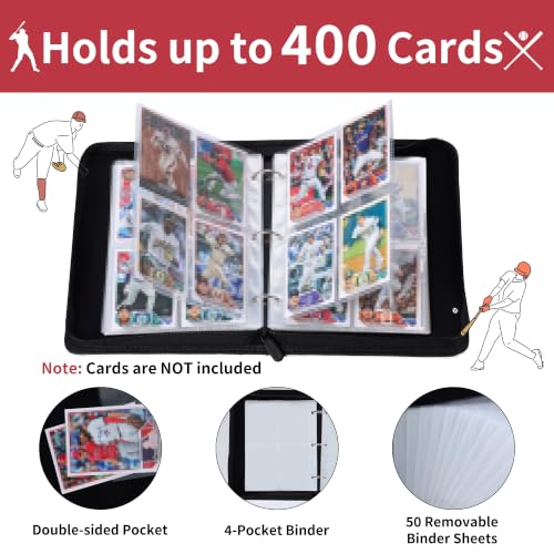 Image of 4 Pocket Baseball Card Binder with Zipper, Holds 400 Cards | 50 Removable Acid-Free & PVC-Free Card Pages, Durable PU Leather Cover for Long-Term Card Storage and Protection
